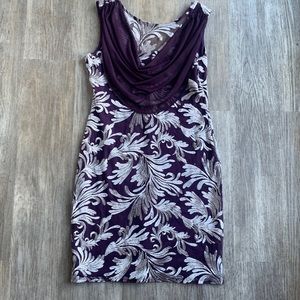 Onyx Nite purple and silver cowl neck dress